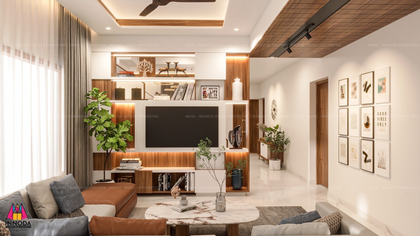 Warm living lounge with custom timber media unit